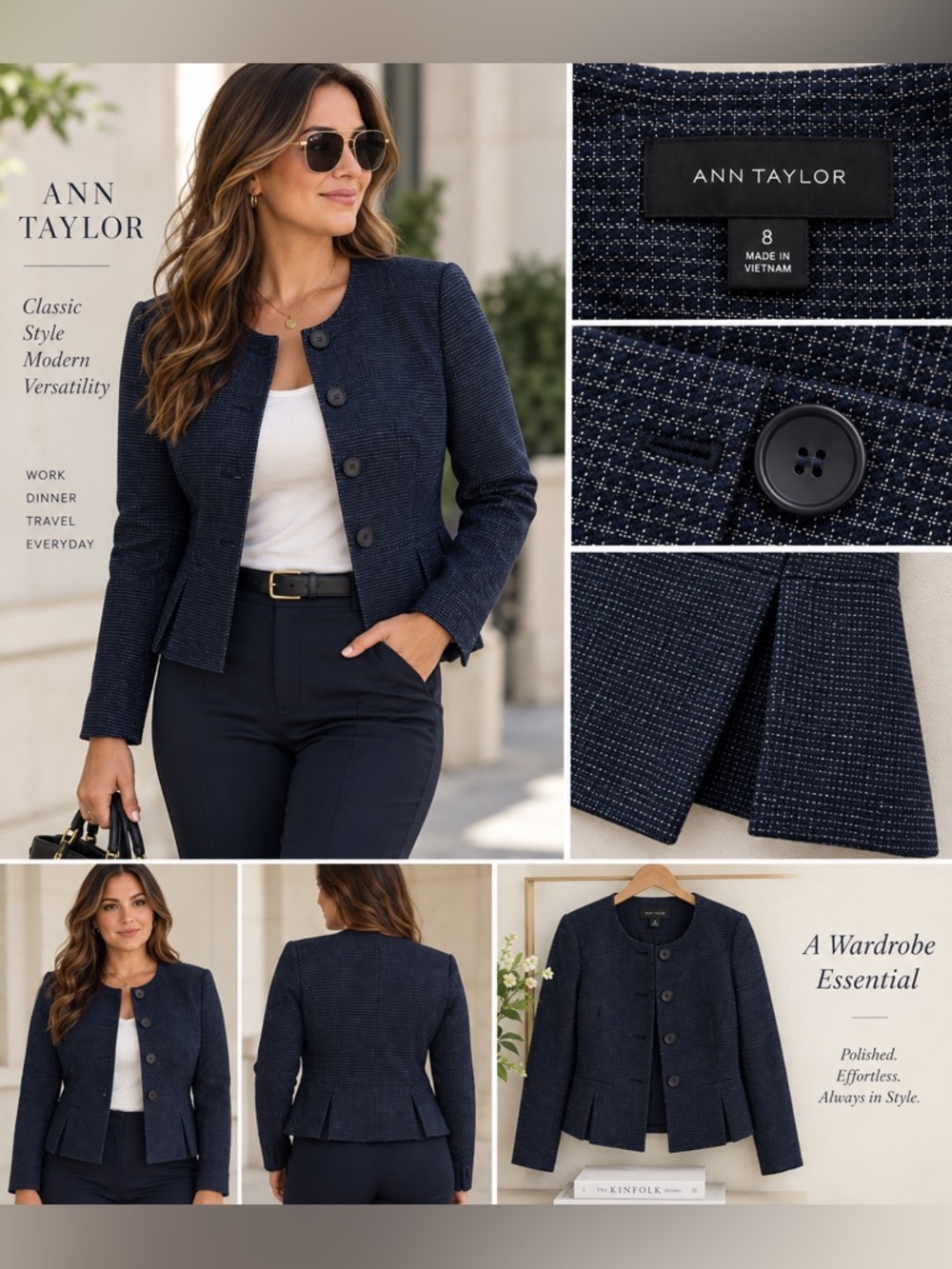 Ann Taylor Navy Textured Peplum Blazer